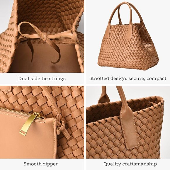 Apricot vegan woven tote bag for women, large convertible handbag with zipper - Picture 3 of 7